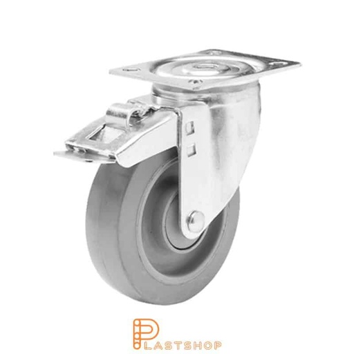 [P2000741] Lenkehjul uten bremse, plate, hjuldiameter 125 mm, byggehøyde 157 mm, nav i PA6 med myk bane i ElastoGum i grå farge. 225 kg bæreevne, kuleledd