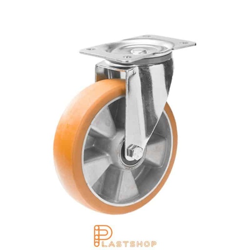 [P2000976] Link wheel without brake, plate, wheel diameter 125 mm, building height 163 mm, hub in aluminum with soft band in ElastoPUR in brun. 350 kg load capacity, double ball bearing
