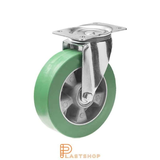 [P2000979] Link wheel without brake, plate, wheel diameter 125 mm, building height 163 mm, hub in aluminum with soft band in ElastoPUR in grön. 350 kg load capacity, double ball bearing