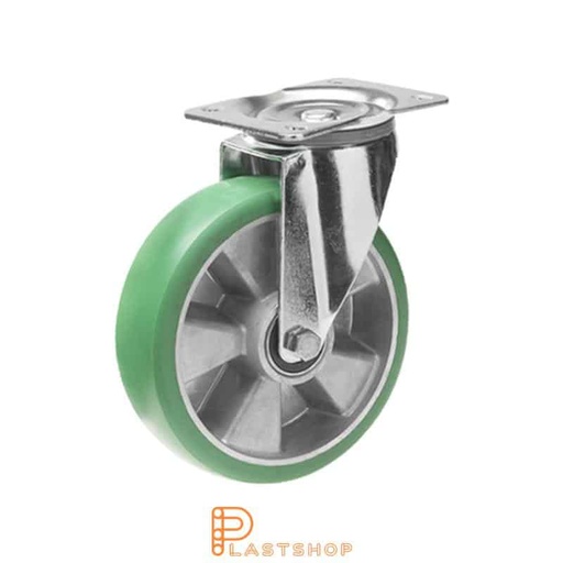 [P2000977] Länkhjul utan broms, platta, hjuldiameter 125 mm, bygghöjd 163 mm, nav i aluminium med mjuk bana i ElastoPUR i grön färg. 400 kg bärighet, dubbla kullager