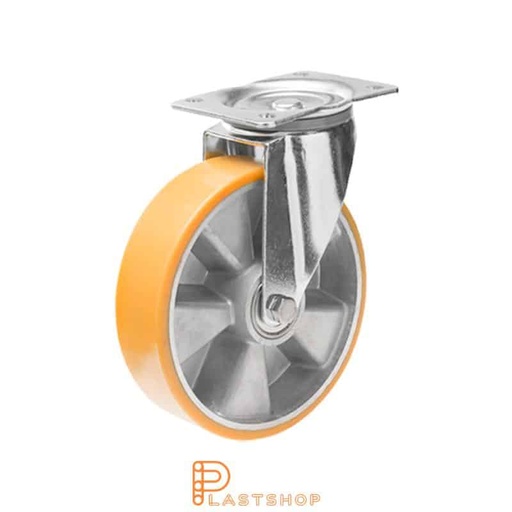 [P2000974] Link wheel without brake, plate, wheel diameter 125 mm, building height 163 mm, hub in aluminum with soft band in PUR in orange. 350 kg load capacity, double ball bearing