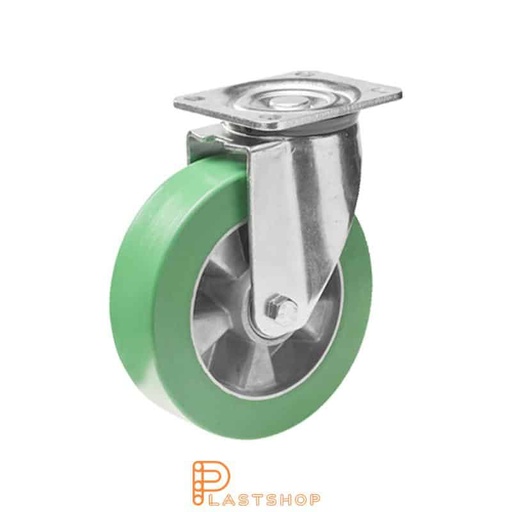 [P2001368] Link wheel without brake, plate, wheel diameter 125 mm, building height 164 mm, hub in aluminum with soft band in ElastoPUR in grön. 400 kg load capacity, double ball bearing