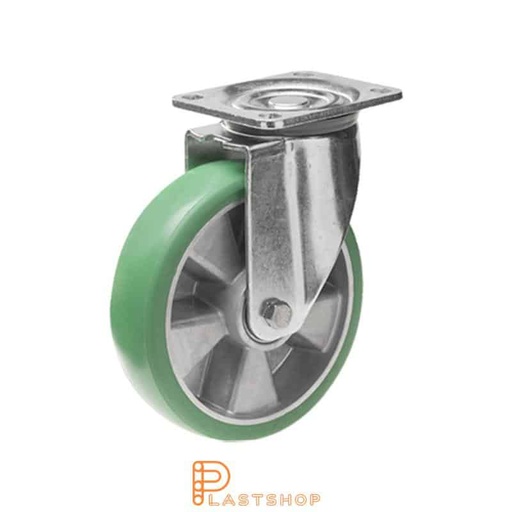 [P2001369] Länkhjul utan broms, platta, hjuldiameter 125 mm, bygghöjd 164 mm, nav i aluminium med mjuk bana i ElastoPUR i grön färg. 400 kg bärighet, dubbla kullager