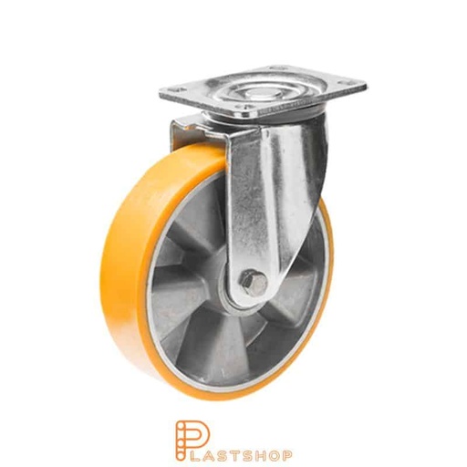 [P2001365] Länkhjul utan broms, platta, hjuldiameter 125 mm, bygghöjd 164 mm, nav i aluminium med mjuk bana i PUR i orange färg. 450 kg bärighet, dubbla kullager