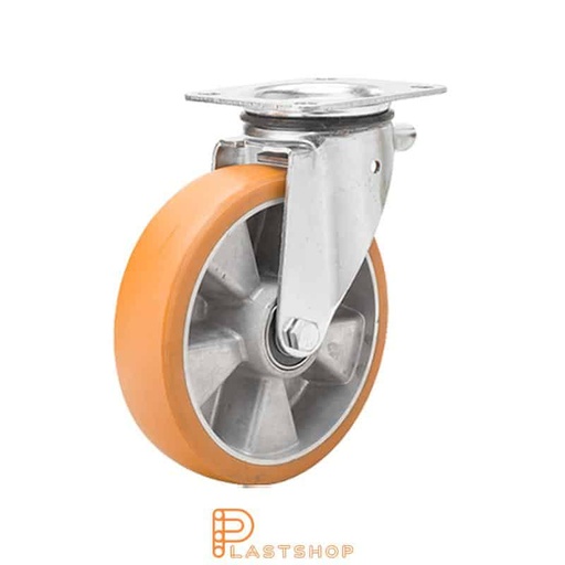 [P2001209] Link wheel without brake, plate, wheel diameter 125 mm, building height 165,5 mm, hub in aluminum with soft band in ElastoPUR in brun. 400 kg load capacity, double ball bearing