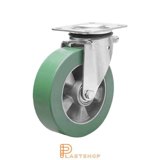 [P2001211] Länkhjul utan broms, platta, hjuldiameter 125 mm, bygghöjd 165,5 mm, nav i aluminium med mjuk bana i ElastoPUR i grön färg. 400 kg bärighet, dubbla kullager