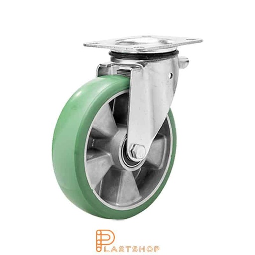[P2001212] Link wheel without brake, plate, wheel diameter 125 mm, building height 165,5 mm, hub in aluminum with soft band in ElastoPUR in grön. 400 kg load capacity, double ball bearing