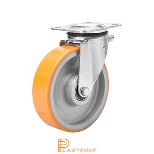 [P2001210] Länkhjul utan broms, platta, hjuldiameter 125 mm, bygghöjd 165,5 mm, nav i gjutjärn med mjuk bana i PUR i orange färg. 400 kg bärighet, dubbla kullager