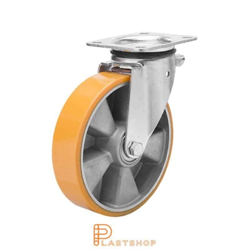 [P2001226] Link wheel without brake, plate, wheel diameter 150 mm, building height 191 mm, hub in aluminum with soft band in PUR in orange. 400 kg load capacity, double ball bearing