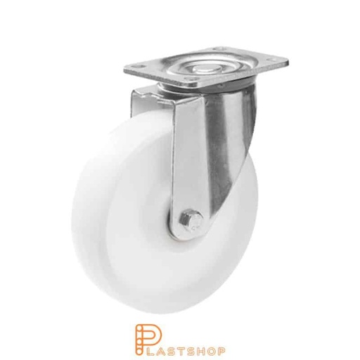 [P2001389] Rueda de enlace sin freno, placa, diámetro de la rueda 150 mm, altura de construcción 194 mm, rueda dura en PA6 macizo, 550 kg de carga, rodamientos de deslizamiento