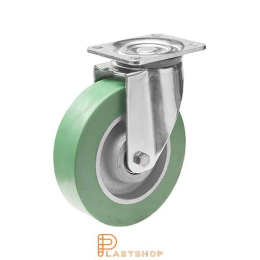 [P2001394] Link wheel without brake, plate, wheel diameter 150 mm, building height 194 mm, hub in cast iron with soft band in ElastoPUR in grön. 450 kg load capacity, double ball bearing