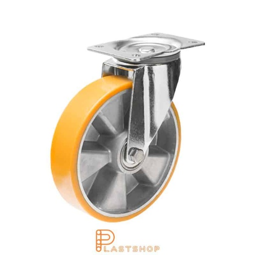 [P2000989] Länkhjul utan broms, platta, hjuldiameter 150 mm, bygghöjd 195 mm, nav i aluminium med mjuk bana i PUR i orange färg. 350 kg bärighet, dubbla kullager