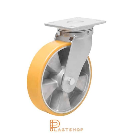 [P2001579] Link wheel without brake, plate, wheel diameter 150 mm, building height 200 mm, hub in aluminum with soft band in PUR in orange. 550 kg load capacity, double ball bearing