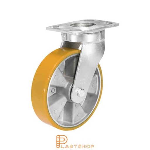 [P2001580] Link wheel without brake, plate, wheel diameter 150 mm, building height 200 mm, hub in aluminum with soft band in PUR in orange. 550 kg load capacity, double ball bearing
