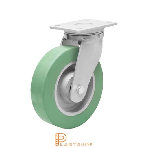 [P2001583] Link wheel without brake, plate, wheel diameter 150 mm, building height 200 mm, hub in cast iron with soft band in ElastoPUR in grön. 450 kg load capacity, double ball bearing
