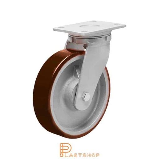 [P2001581] Link wheel without brake, plate, wheel diameter 150 mm, building height 200 mm, hub in cast iron with soft band in PUR in röd. 750 kg load capacity, double ball bearing