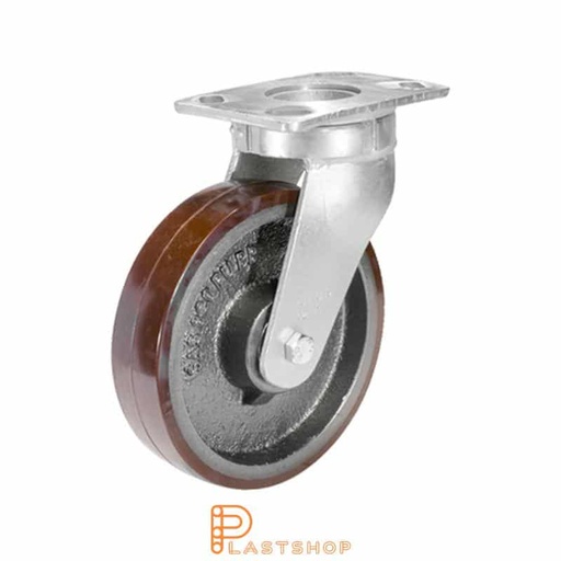 [P2001582] Link wheel without brake, plate, wheel diameter 150 mm, building height 200 mm, hub in cast iron with soft band in PUR in röd. 750 kg load capacity, double ball bearing