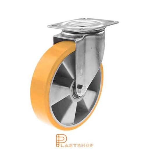 [P2000752] Länkhjul utan broms, platta, hjuldiameter 160 mm, bygghöjd 195 mm, nav i aluminium med mjuk bana i PUR i orange färg. 350 kg bärighet, kullager