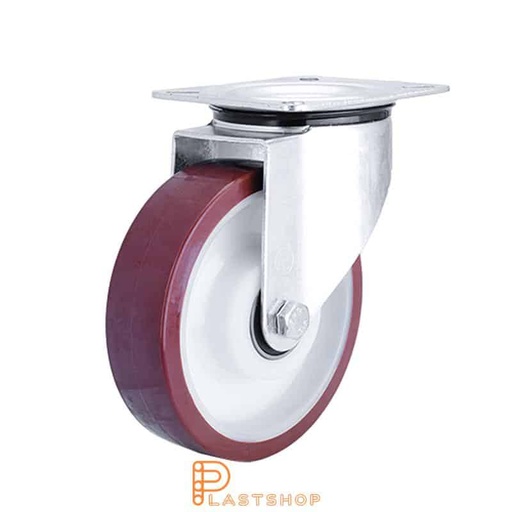 [P2000748] Link wheel without brake, plate, wheel diameter 160 mm, building height 195 mm, hub in PA6 with soft band in PUR in röd. 350 kg load capacity, double ball bearing