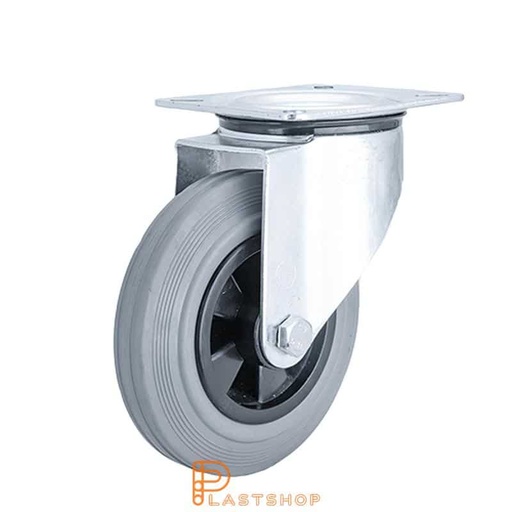 [P2000746] Link wheel without brake, plate, wheel diameter 160 mm, building height 195 mm, hub in PP with soft band in rubber in grå. 180 kg load capacity, roller bearing