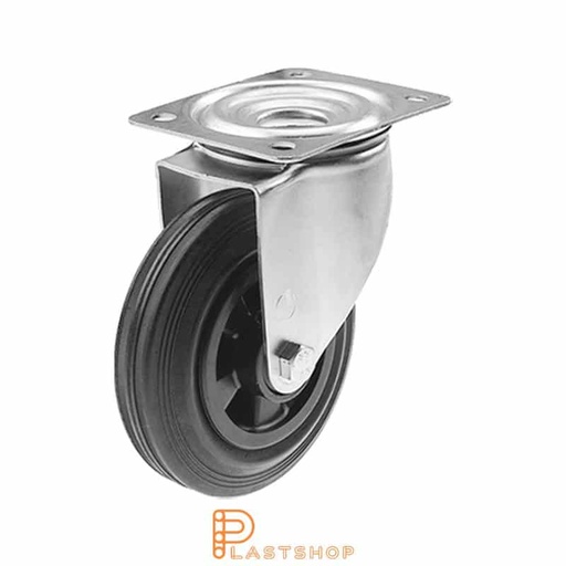 [P2000475] Link wheel without brake, plate, wheel diameter 160 mm, building height 195 mm, hub in PP with soft band in rubber in svart. 160 kg load capacity, roller bearing