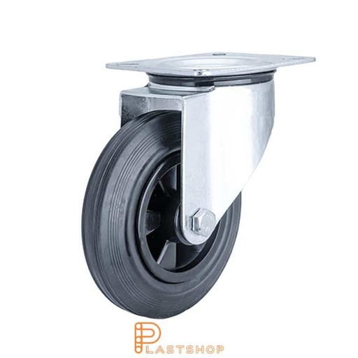 [P2000747] Link wheel without brake, plate, wheel diameter 160 mm, building height 195 mm, hub in PP with soft band in rubber in svart. 180 kg load capacity, roller bearing