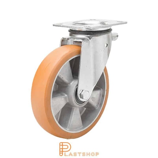 [P2001242] Länkhjul utan broms, platta, hjuldiameter 160 mm, bygghöjd 196 mm, nav i aluminium med mjuk bana i ElastoPUR i brun färg. 400 kg bärighet, dubbla kullager