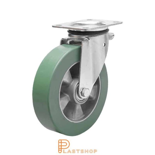 [P2001244] Link wheel without brake, plate, wheel diameter 160 mm, building height 196 mm, hub in aluminum with soft band in ElastoPUR in grön. 400 kg load capacity, double ball bearing