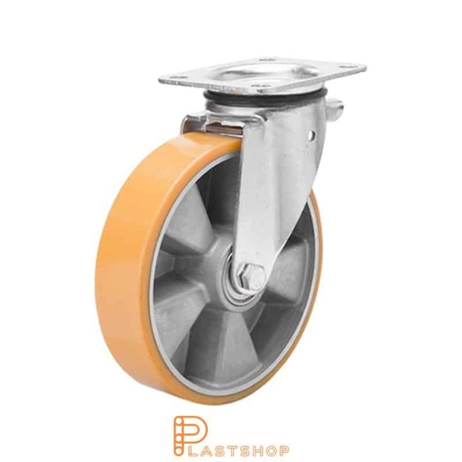 [P2001241] Link wheel without brake, plate, wheel diameter 160 mm, building height 196 mm, hub in aluminum with soft band in PUR in orange. 400 kg load capacity, double ball bearing