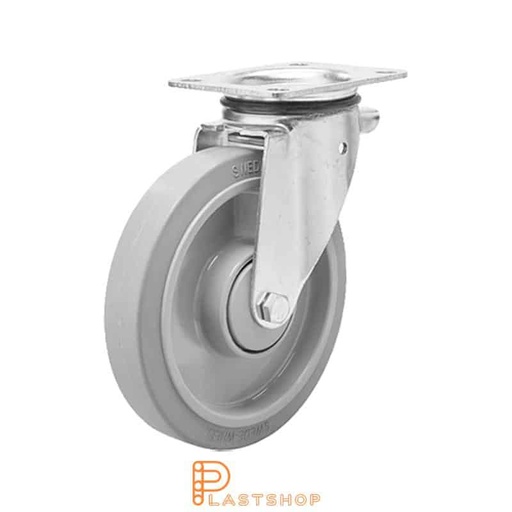 [P2001246] Länkhjul utan broms, platta, hjuldiameter 160 mm, bygghöjd 196 mm, nav i PA6 med mjuk bana i ElastoGum i grå färg. 350 kg bärighet, dubbla kullager