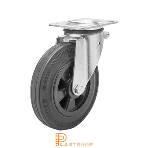[P2001239] Link wheel without brake, plate, wheel diameter 160 mm, building height 196 mm, hub in PP with soft band in rubber in svart. 135 kg load capacity, roller bearing