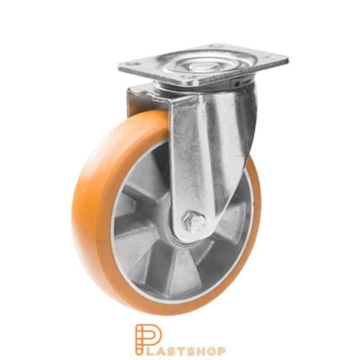 [P2001410] Link wheel without brake, plate, wheel diameter 160 mm, building height 199 mm, hub in aluminum with soft band in ElastoPUR in brun. 600 kg load capacity, double ball bearing