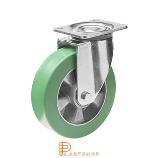 [P2001412] Link wheel without brake, plate, wheel diameter 160 mm, building height 199 mm, hub in aluminum with soft band in ElastoPUR in grön. 550 kg load capacity, double ball bearing