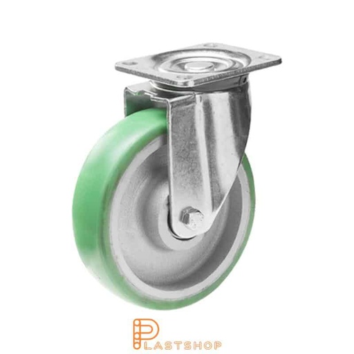 [P2001414] Link wheel without brake, plate, wheel diameter 160 mm, building height 199 mm, hub in cast iron with soft band in ElastoPUR in grön. 550 kg load capacity, double ball bearing