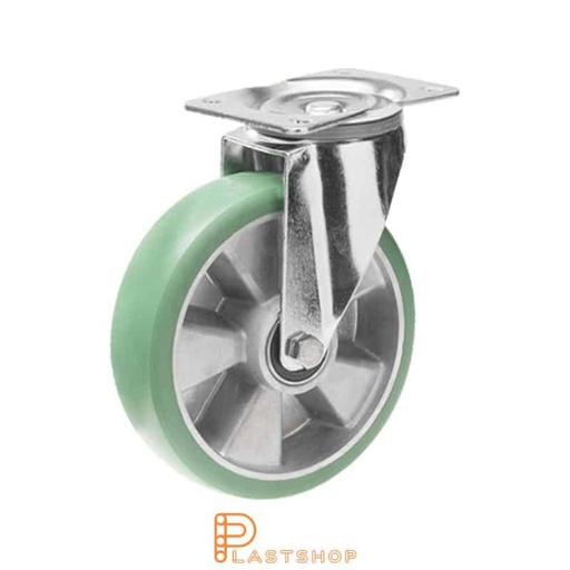 [P2001014] Link wheel without brake, plate, wheel diameter 160 mm, building height 200 mm, hub in aluminum with soft band in ElastoPUR in grön. 350 kg load capacity, double ball bearing