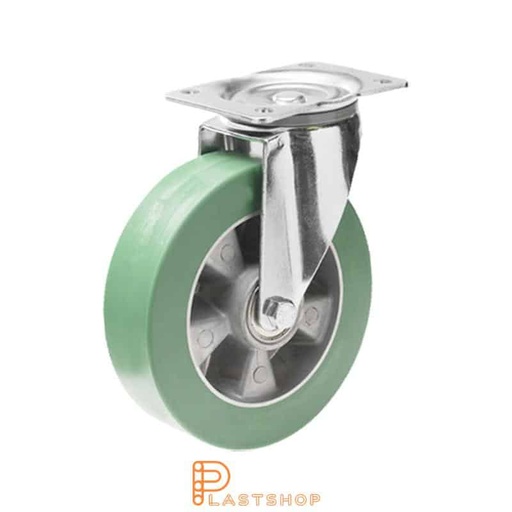 [P2001019] Link wheel without brake, plate, wheel diameter 160 mm, building height 200 mm, hub in aluminum with soft band in ElastoPUR in grön. 350 kg load capacity, double ball bearing