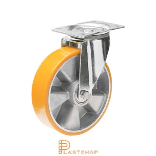 [P2001012] Länkhjul utan broms, platta, hjuldiameter 160 mm, bygghöjd 200 mm, nav i aluminium med mjuk bana i PUR i orange färg. 350 kg bärighet, dubbla kullager