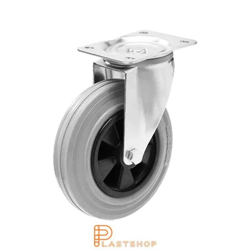 [P2001008] Link wheel without brake, plate, wheel diameter 160 mm, building height 200 mm, hub in PP with soft band in rubber in grå. 135 kg load capacity, roller bearing