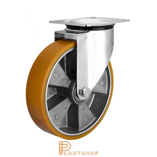 [P2000777] Link wheel without brake, plate, wheel diameter 200 mm, building height 235 mm, hub in aluminum with soft band in PUR in gul. 350 kg load capacity, double ball bearing