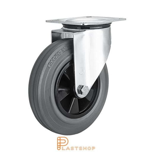 [P2000772] Link wheel without brake, plate, wheel diameter 200 mm, building height 235 mm, hub in PP with soft band in rubber in grå. 200 kg load capacity, roller bearing