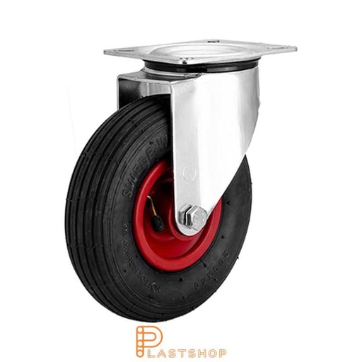 [P2000773] Link wheel without brake, plate, wheel diameter 200 mm, building height 235 mm, hub in PP with soft band in air rubber in röd. 60 kg load capacity, roller bearing