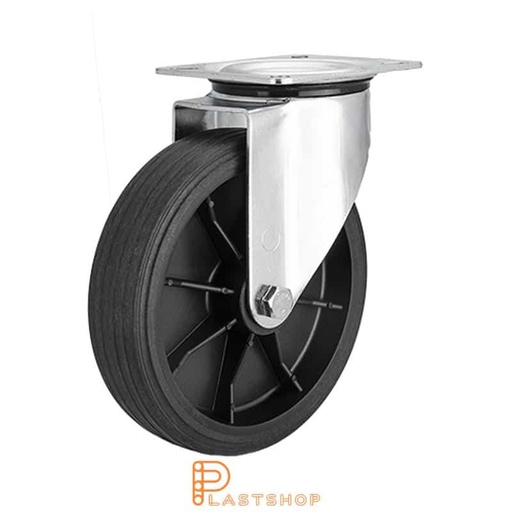 [P2000771] Link wheel without brake, plate, wheel diameter 200 mm, building height 235 mm, hub in PP with soft band in ReGum in svart. 120 kg load capacity, slide bearing