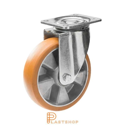 [P2001441] Link wheel without brake, plate, wheel diameter 200 mm, building height 239 mm, hub in aluminum with soft band in ElastoPUR in brun. 800 kg load capacity, double ball bearing