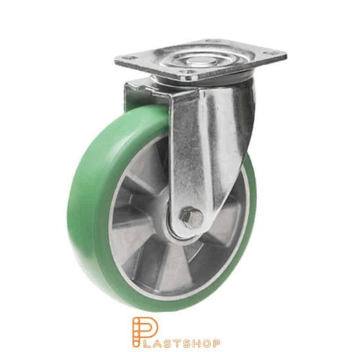 [P2001445] Länkhjul utan broms, platta, hjuldiameter 200 mm, bygghöjd 239 mm, nav i aluminium med mjuk bana i ElastoPUR i grön färg. 700 kg bärighet, dubbla kullager