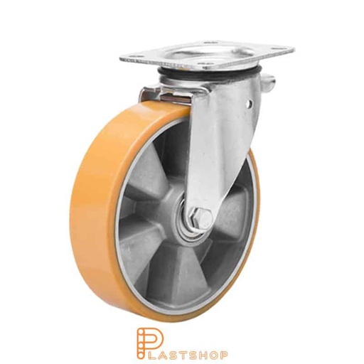 [P2001268] Länkhjul utan broms, platta, hjuldiameter 200 mm, bygghöjd 239 mm, nav i aluminium med mjuk bana i PUR i orange färg. 400 kg bärighet, dubbla kullager