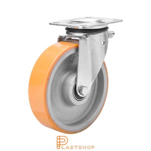 [P2001270] Link wheel without brake, plate, wheel diameter 200 mm, building height 239 mm, hub in cast iron with soft band in PUR in orange. 400 kg load capacity, double ball bearing