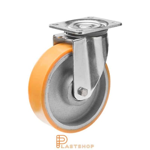 [P2001443] Link wheel without brake, plate, wheel diameter 200 mm, building height 239 mm, hub in cast iron with soft band in PUR in orange. 800 kg load capacity, double ball bearing