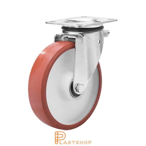 [P2001267] Link wheel without brake, plate, wheel diameter 200 mm, building height 239 mm, hub in PA6 with soft band in PUR in röd. 400 kg load capacity, double ball bearing