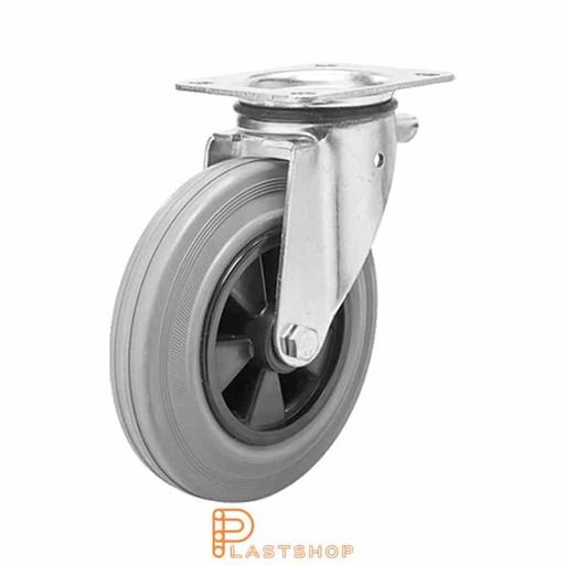 [P2001262] Link wheel without brake, plate, wheel diameter 200 mm, building height 239 mm, hub in PP with soft band in rubber in grå. 205 kg load capacity, slide bearing