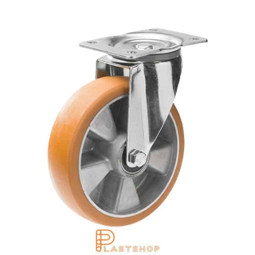 [P2001062] Länkhjul utan broms, platta, hjuldiameter 200 mm, bygghöjd 240 mm, nav i aluminium med mjuk bana i ElastoPUR i brun färg. 400 kg bärighet, dubbla kullager